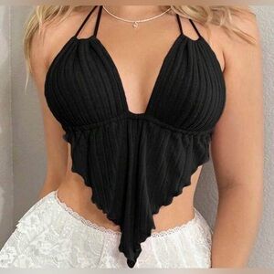 SHEIN Black Ribbed Halter Crop Top